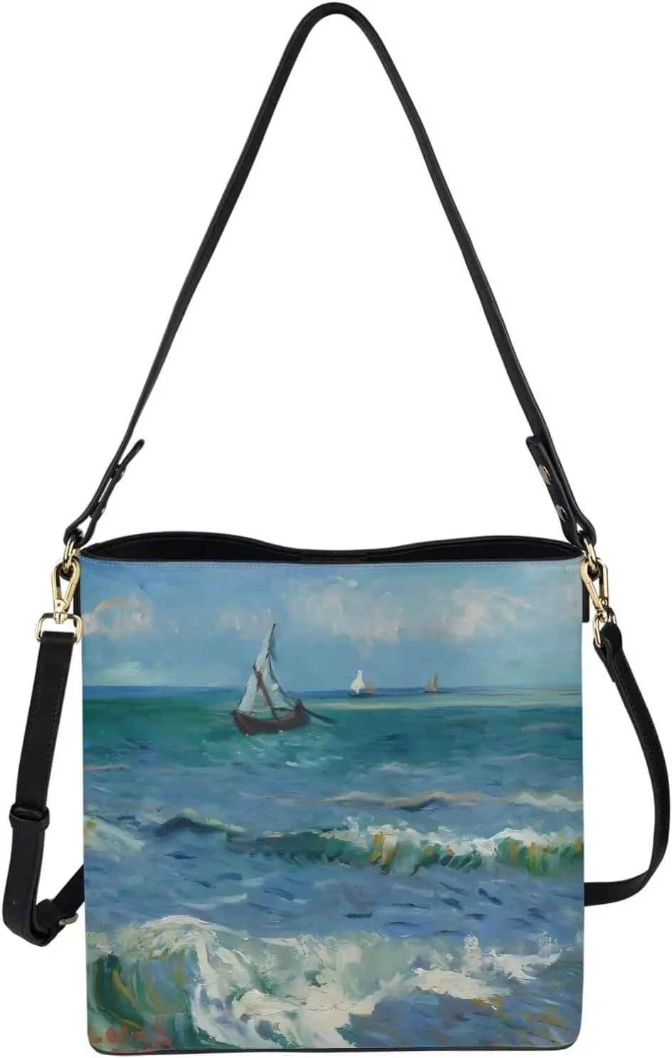 Impression Artwork Buckets Satchel Bags for Women, Painting PU Leather Crossbody Hobo Purses Tote Work Top Handle