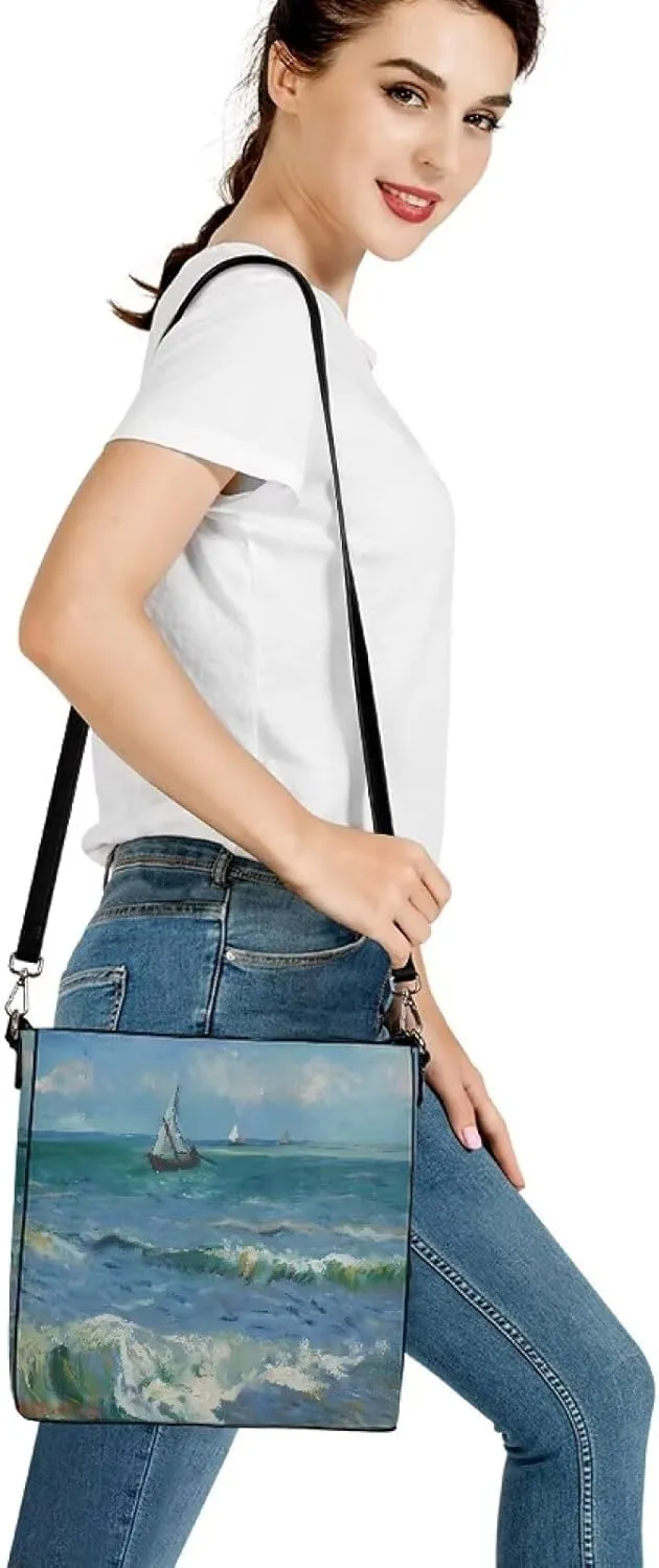 Impression Artwork Buckets Satchel Bags for Women, Painting PU Leather Crossbody Hobo Purses Tote Work Top Handle