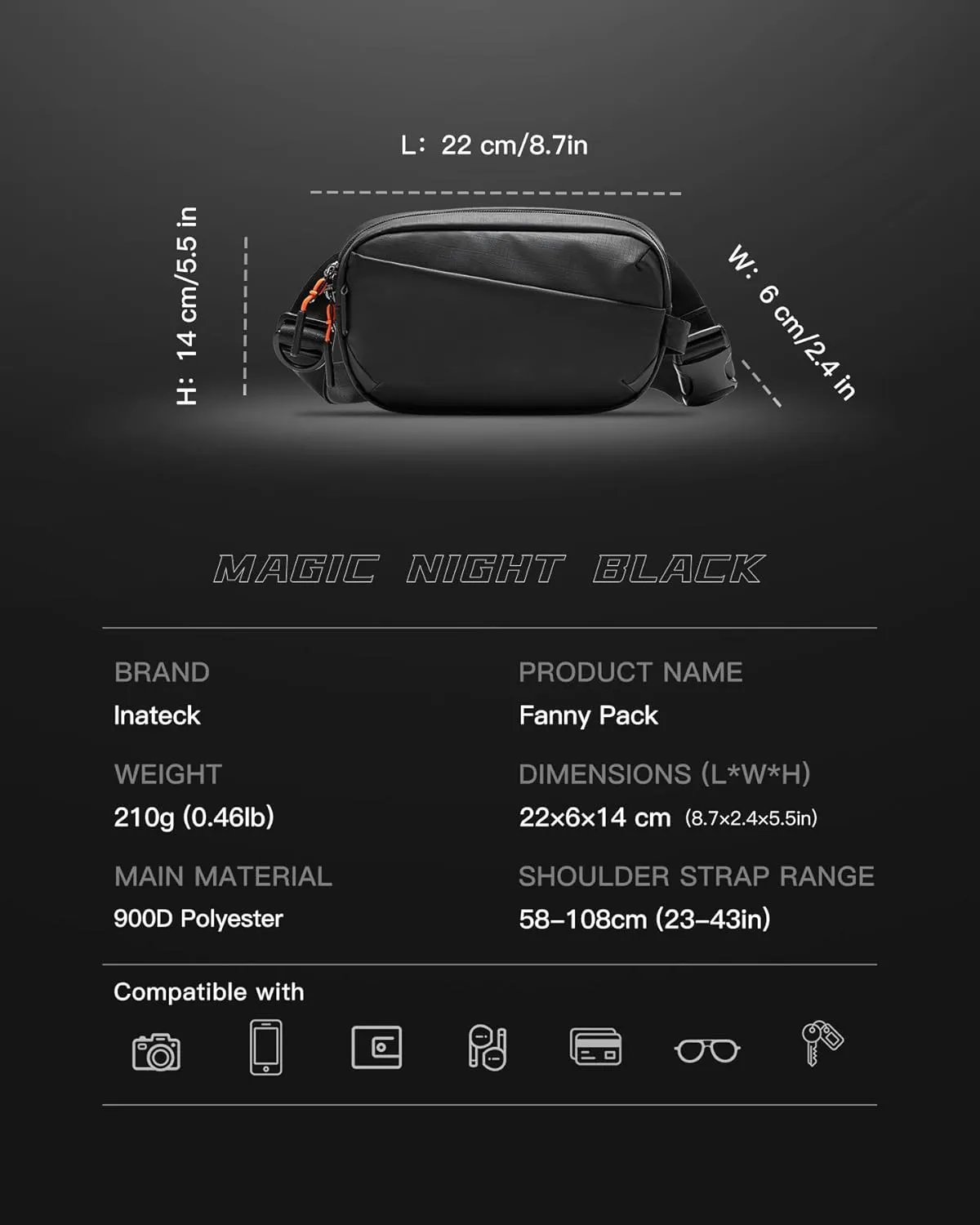 Inateck Sling Bag X-Mini, Durable Fanny Pack with RFID Blocking, Water-resistant Belt Waist Bag with Quick-adjust Strap, Stylish Waist Pack for Men, Women, Travel, Hiking, Cycling, Work, Sports, Black