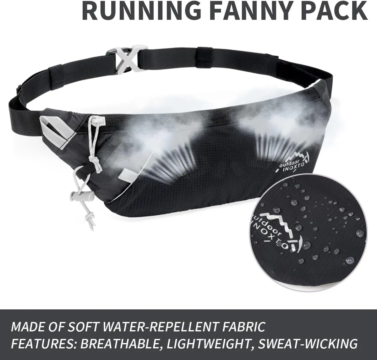 INOXTO Slim Running Belt Fanny Pack for Women and Men Sports Waist Bag Pack with 300ml Water Bottle for Running Walking Cycling Hiking Reflective Running Pouch Belt for All Phones (Black)