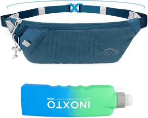 INOXTO Slim Running Belt Fanny Pack for Women and Men Sports Waist Bag Pack with 300ml Water Bottle for Running Walking Cycling Hiking Reflective Running Pouch Belt for All Phones (Dack Blue)