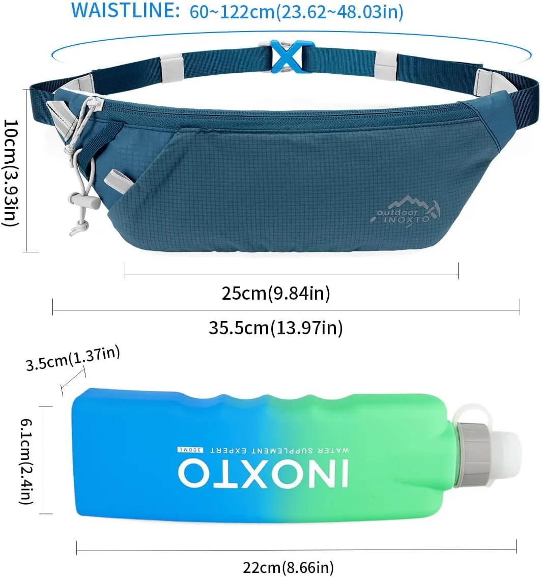 INOXTO Slim Running Belt Fanny Pack for Women and Men Sports Waist Bag Pack with 300ml Water Bottle for Running Walking Cycling Hiking Reflective Running Pouch Belt for All Phones (Dack Blue)