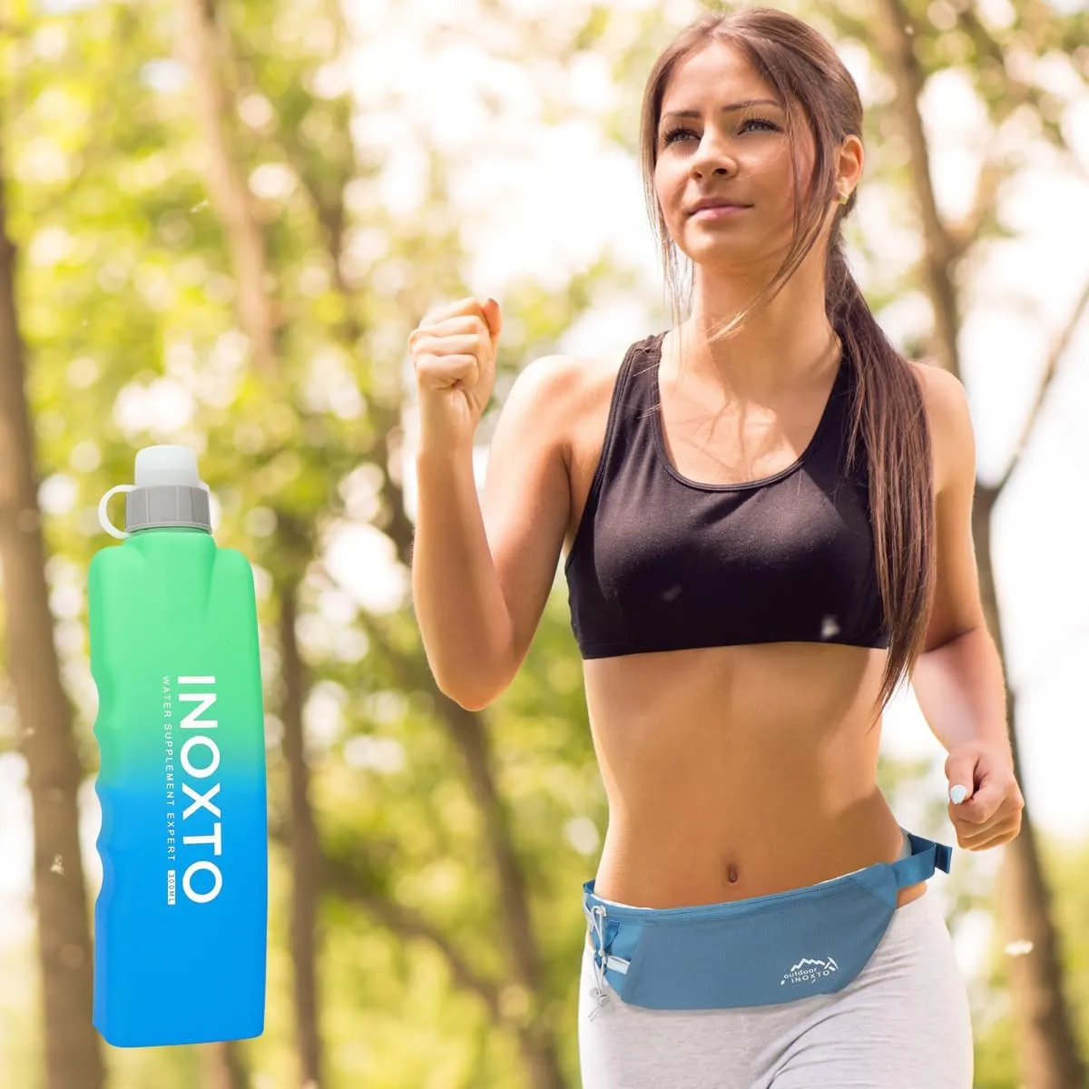 INOXTO Slim Running Belt Fanny Pack for Women and Men Sports Waist Bag Pack with 300ml Water Bottle for Running Walking Cycling Hiking Reflective Running Pouch Belt for All Phones (Dack Blue)