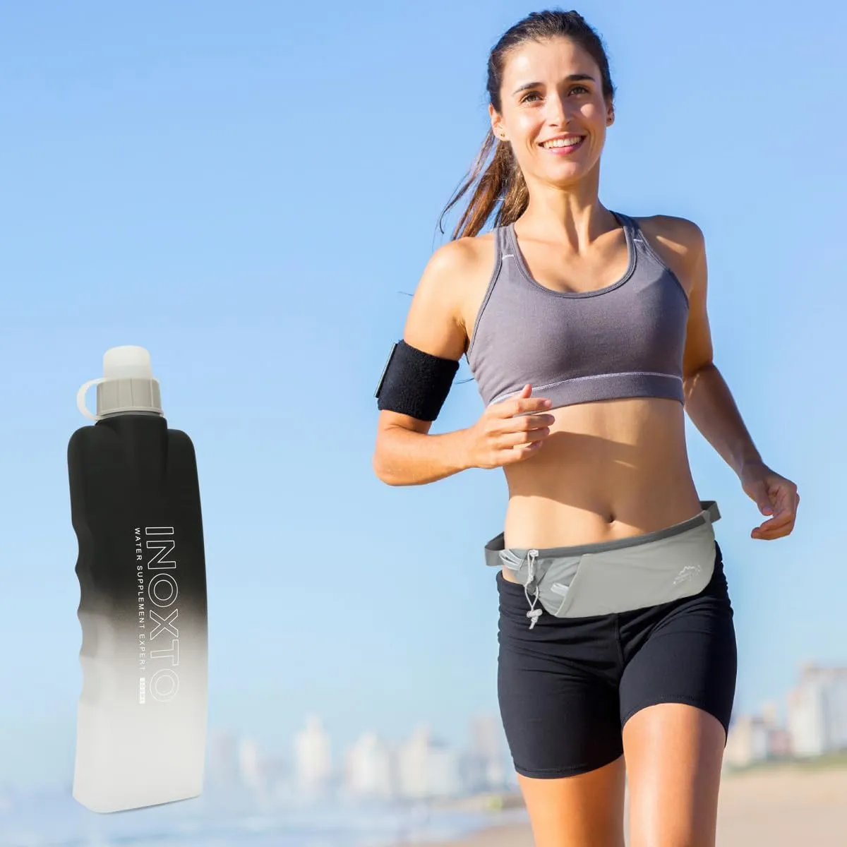 INOXTO Slim Running Belt Fanny Pack for Women and Men Sports Waist Bag Pack with 300ml Water Bottle for Running Walking Cycling Hiking Reflective Running Pouch Belt for All Phones (Gary)