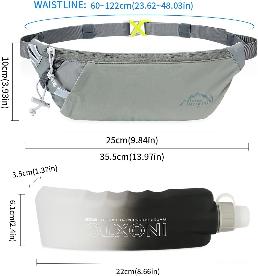 INOXTO Slim Running Belt Fanny Pack for Women and Men Sports Waist Bag Pack with 300ml Water Bottle for Running Walking Cycling Hiking Reflective Running Pouch Belt for All Phones (Gary)