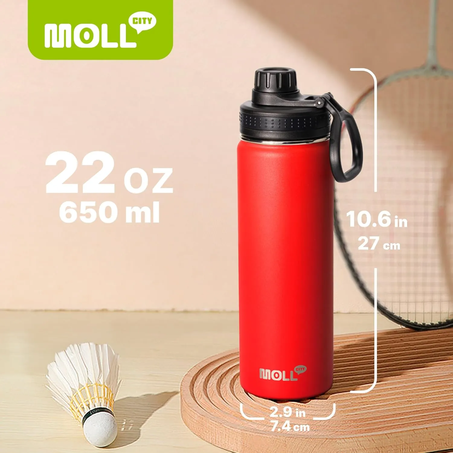 Insulated Water Bottle-22 oz Stainless Steel Vacuum Wide Mouth Sports Water Bottle with Silicone Boot-Reusable Metal Leak Proof Travel Water Flask for Girls (Canyon Red)