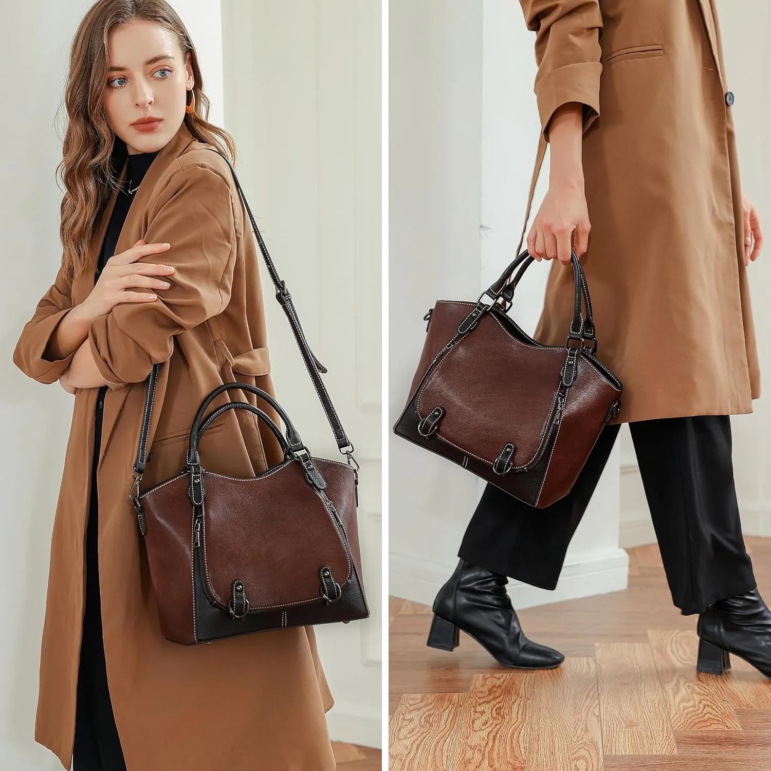 Iswee Leather Shoulder Bags for Women - Vintage Designer Crossbody & Tote Bags with Zipper Top-Handle