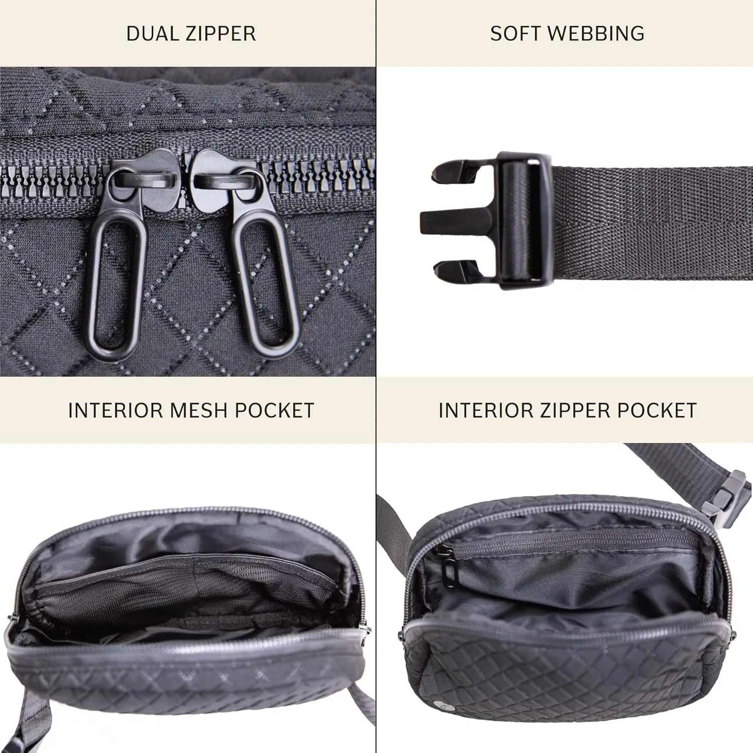 Jadyn Belt Bag, Casual Crossbody and Belt Fanny Pack for Women and Men, Adjustable Strap, Multiple Pockets, Durable Material (Diamond Black)