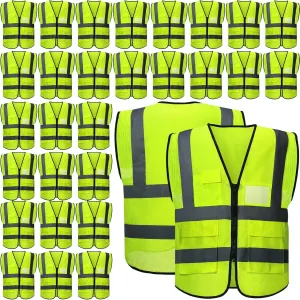 JaGely 30 Pack Reflective Safety Vests with Pockets, High Visibility Mesh Construction Vest for Men Women, Neon Yellow, Size L