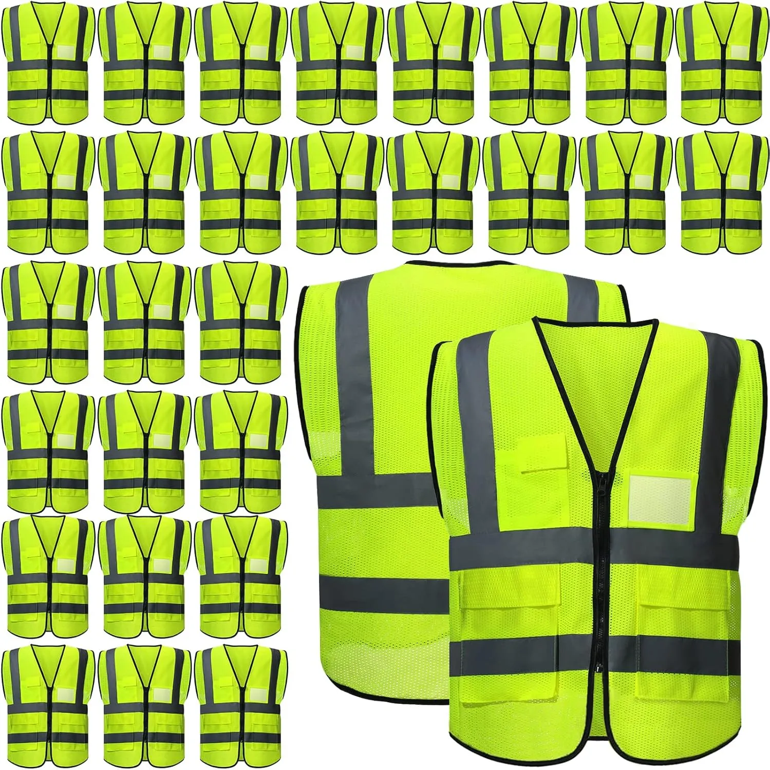 JaGely 30 Pack Reflective Safety Vests with Pockets, High Visibility Mesh Construction Vest for Men Women, Neon Yellow, Size L