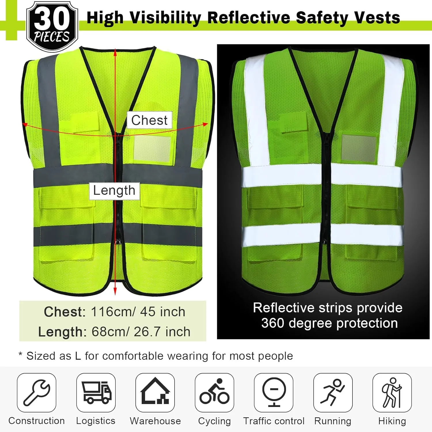 JaGely 30 Pack Reflective Safety Vests with Pockets, High Visibility Mesh Construction Vest for Men Women, Neon Yellow, Size L