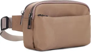 Jessie & James Crossbody Nylon Waist Pack with Adjustable Buckle Strap Fashion Multi Pocket Belt Bag | Camel