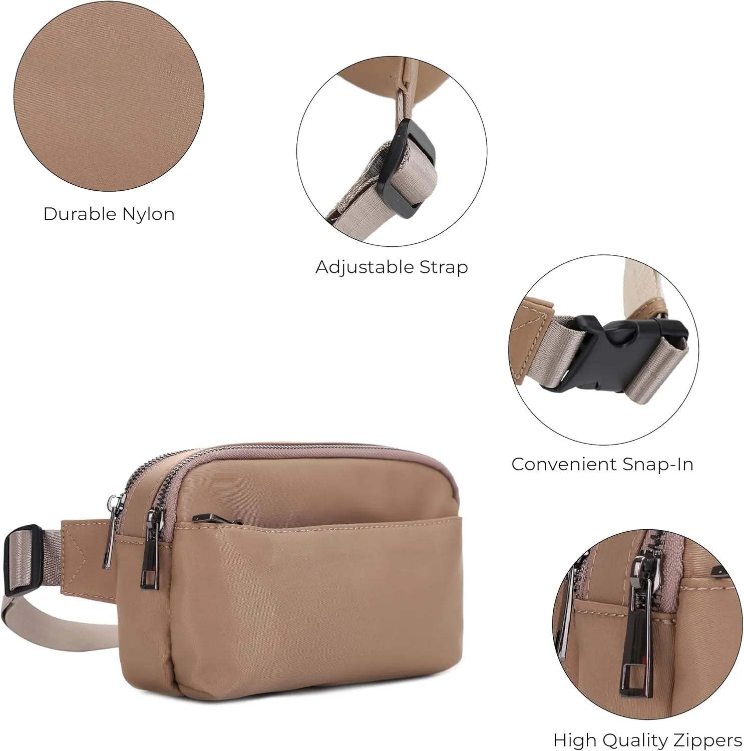 Jessie & James Crossbody Nylon Waist Pack with Adjustable Buckle Strap Fashion Multi Pocket Belt Bag | Camel