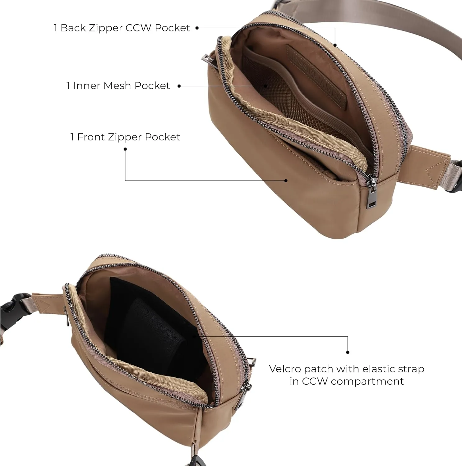 Jessie & James Crossbody Nylon Waist Pack with Adjustable Buckle Strap Fashion Multi Pocket Belt Bag | Camel