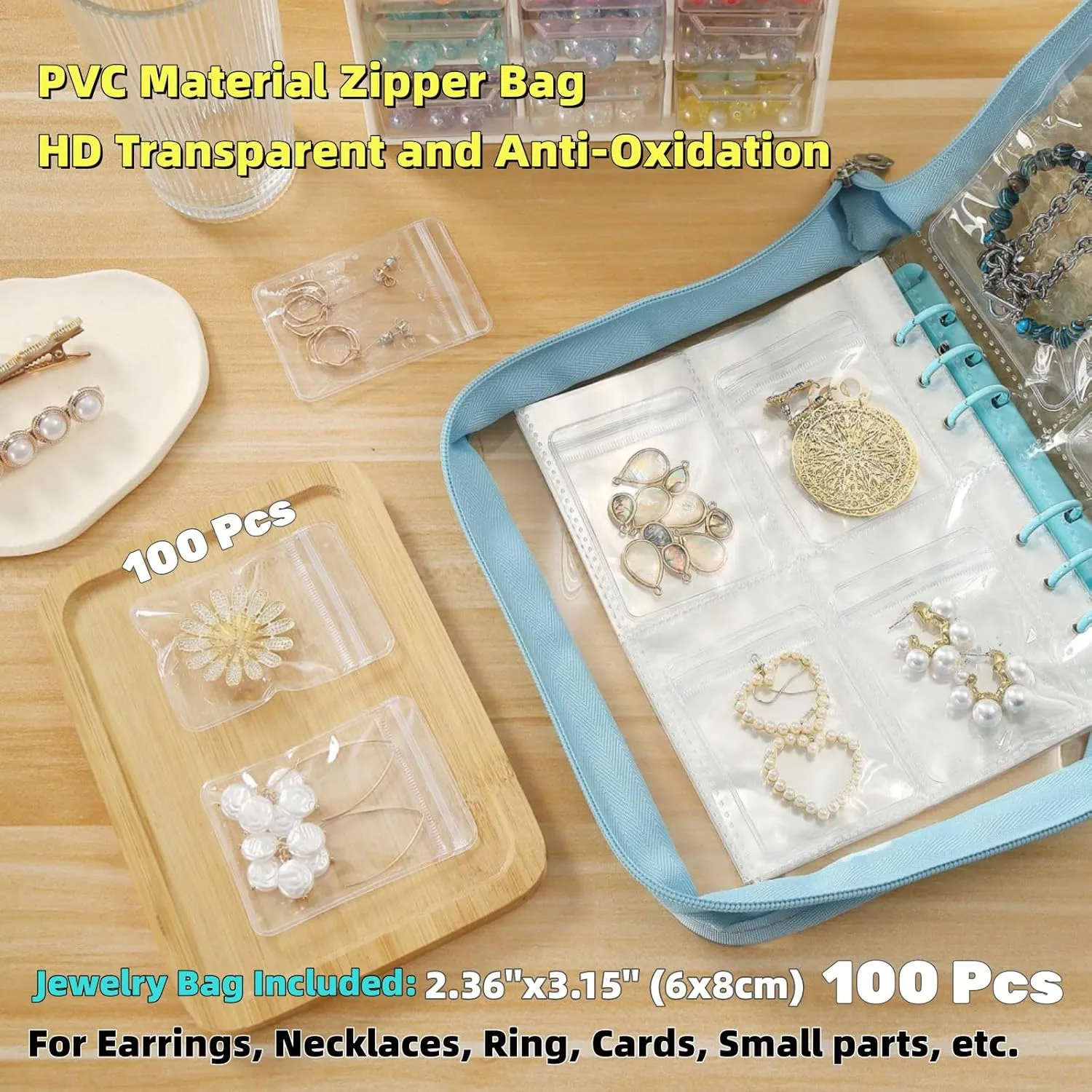 Jewelry Storage Book Travel Earring Organizer Case Transparent for Earring, Necklace, Ring, With pvc Jewelry Pouches Zipper Bags