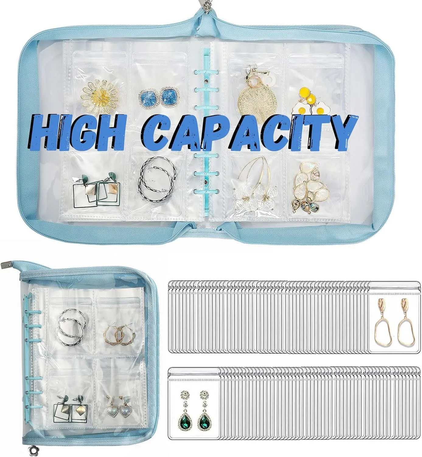 Jewelry Storage Book Travel Earring Organizer Case Transparent for Earring, Necklace, Ring, With pvc Jewelry Pouches Zipper Bags