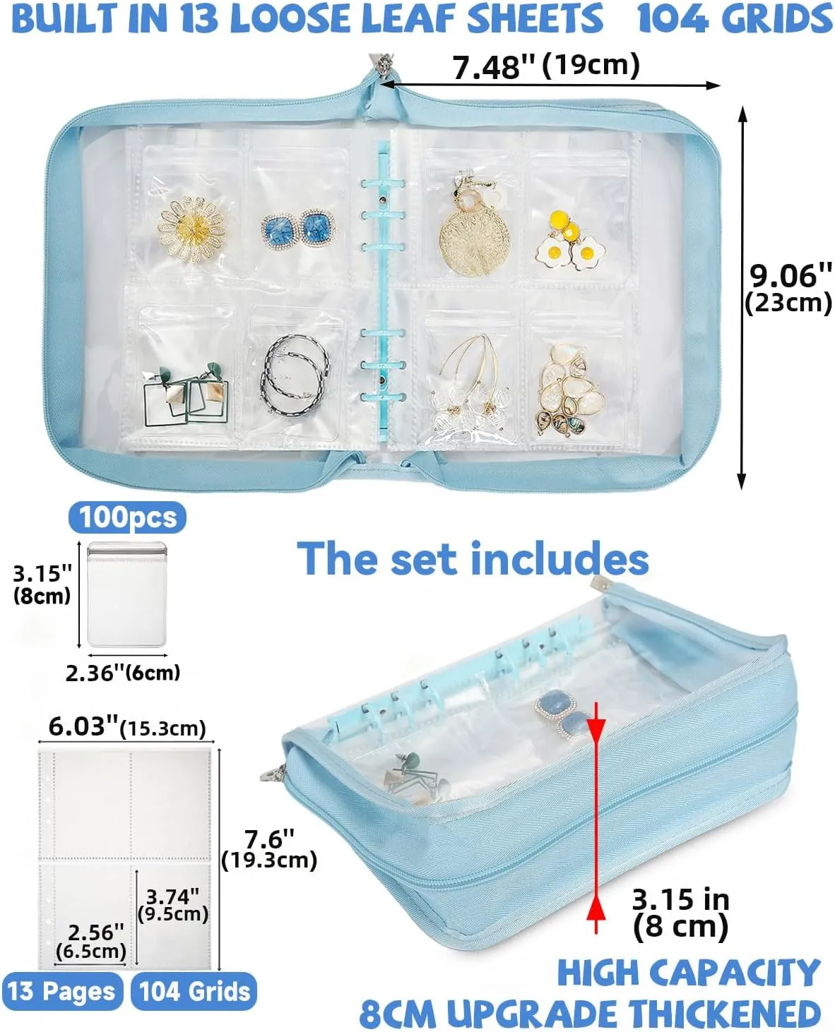 Jewelry Storage Book Travel Earring Organizer Case Transparent for Earring, Necklace, Ring, With pvc Jewelry Pouches Zipper Bags