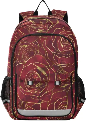 JIPONI Gold Rim Red Roses Backpack Purse Personalized Book Bag Travel backpack, Lightweight flap casual daypack with Multiple Pockets for women men