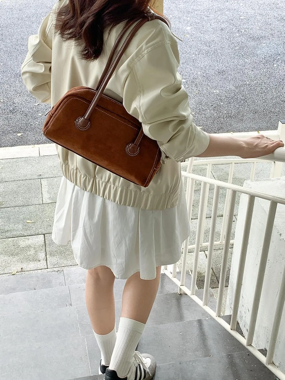 JOLLQUE Suede Shoulder Bag for Women,Vintage Small Top Handle Handbag,Trendy Retro Winter Autumn To Go Purse