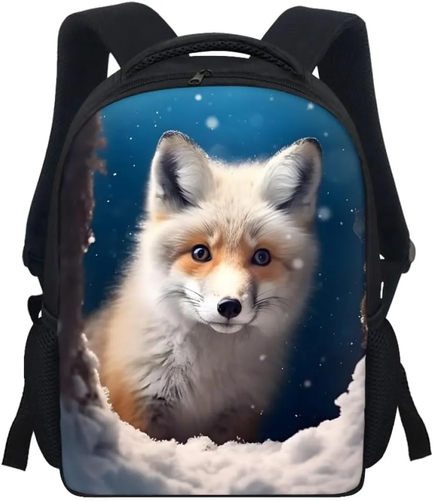 JooMeryer Kids Animal Backpack Cool Wolf Fox Print Shoulder Bag for Boys Girls Teenager Casual Rucksack Schoolbag, 12inch,Cute Ice Fox