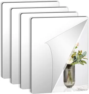 JUNEBRUSHS 4 Pack Self Adhesive Acrylic Mirrors, 12x 16 Inch Mirrors Tiles,Flexible Plastic Sheets Wall Stickers,2MM Thick Mirror,Frameless Small Mirror