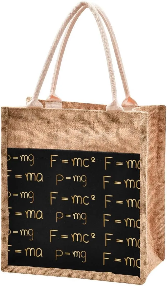Jute Burlap Tote Bag Physics Formula Number Golden Black Large Capacity Reusable Grocery Shopping Storage Bag