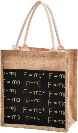 Jute Burlap Tote Bag Physics Formula Number Golden Black Large Capacity Reusable Grocery Shopping Storage Bag