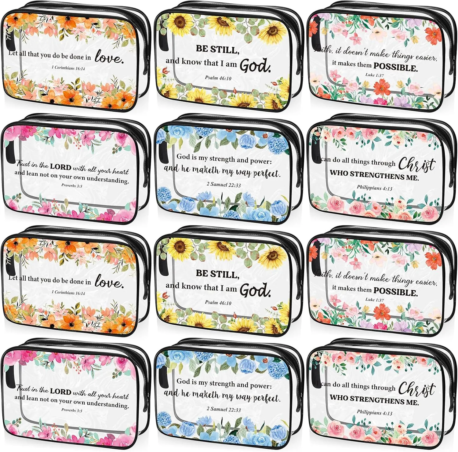 Kacctyen 12 Pcs Christian Clear Makeup Bags Floral Bible Verse PVC Cosmetic Pouches Waterproof Inspirational Toiletry Bags with Zipper Motivational Travel Purses Gift for Women mothers day