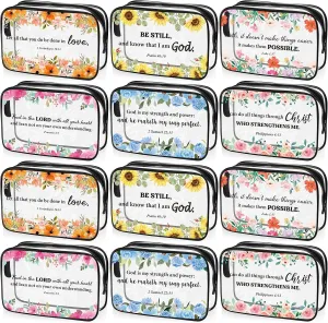 Kacctyen 12 Pcs Christian Clear Makeup Bags Floral Bible Verse PVC Cosmetic Pouches Waterproof Inspirational Toiletry Bags with Zipper Motivational Travel Purses Gift for Women mothers day