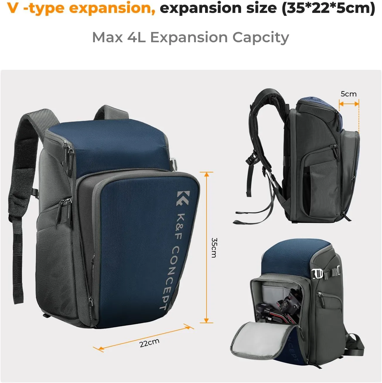 K&F Concept Camera bags Waterproof 25L Large Capacity Camera Case with Raincover Camera Case 15.6 Inch Laptop Compartment Compatible for Canon/Nikon/Sony/DJI Mavic Drone Travel Camera Backpack