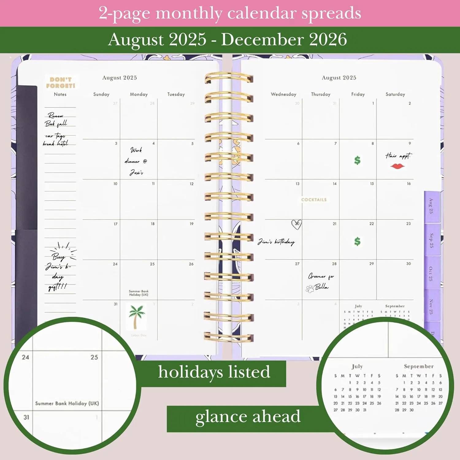 kate spade new york Daily Planner 2025-2026 Medium Agenda August 2025-December 2026, Hardcover Weekly and Monthly Spiral Planner with Stickers (Coastal Garden)