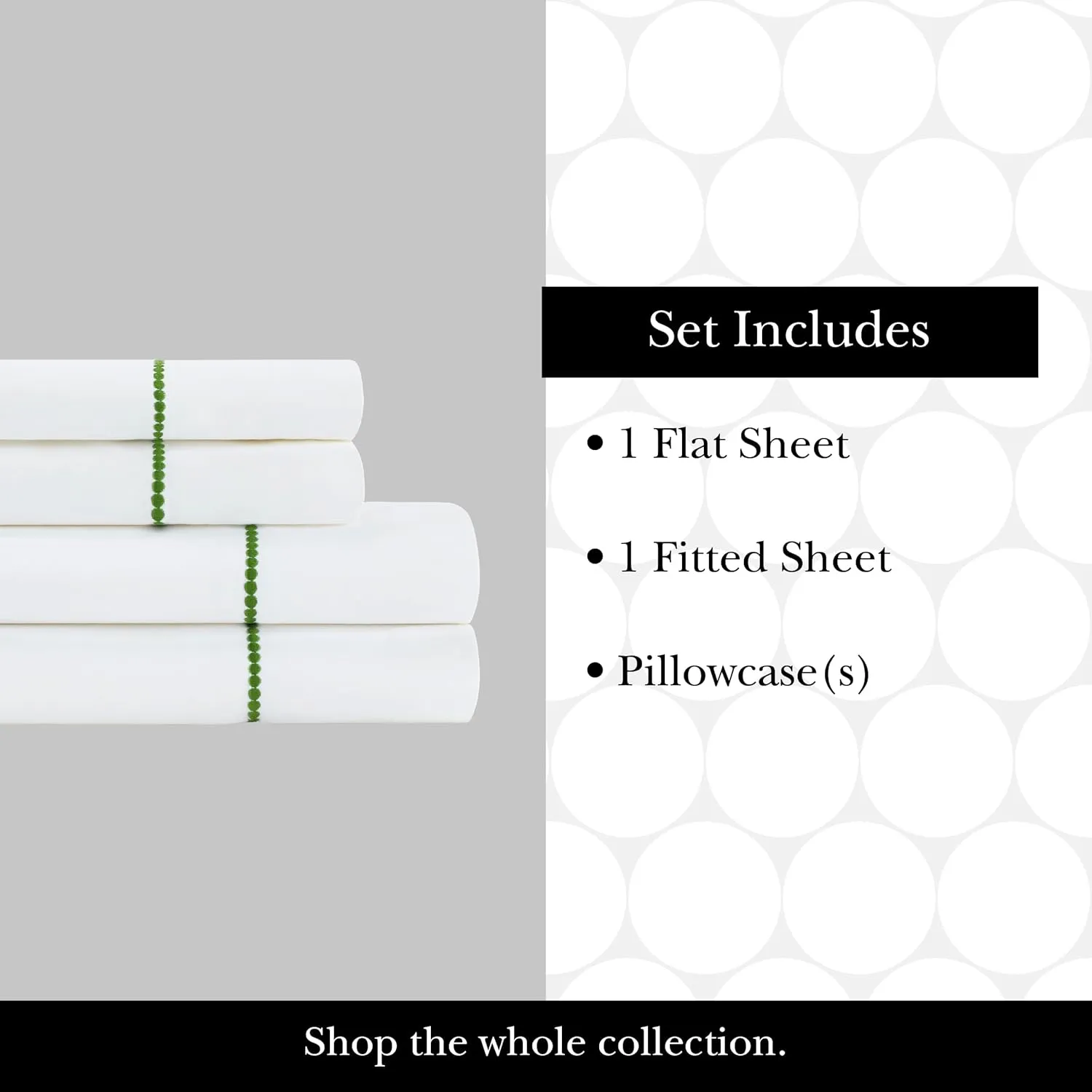 kate spade new york Dot Queen Sheet Set, 300 Thread Count and 100% Cotton, All Season 4 Piece Bedding Set, Machine Washable, White and Green