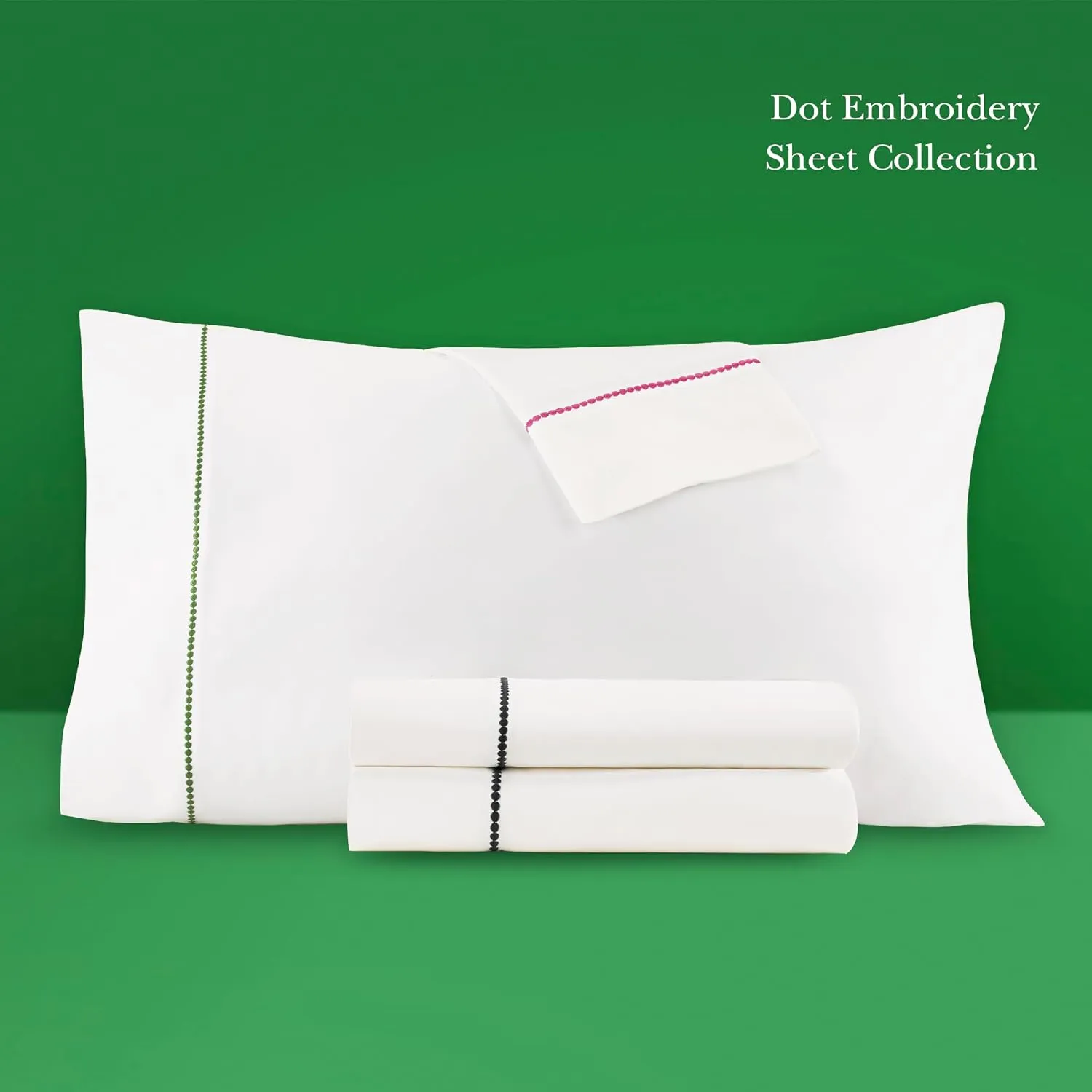 kate spade new york Dot Queen Sheet Set, 300 Thread Count and 100% Cotton, All Season 4 Piece Bedding Set, Machine Washable, White and Green