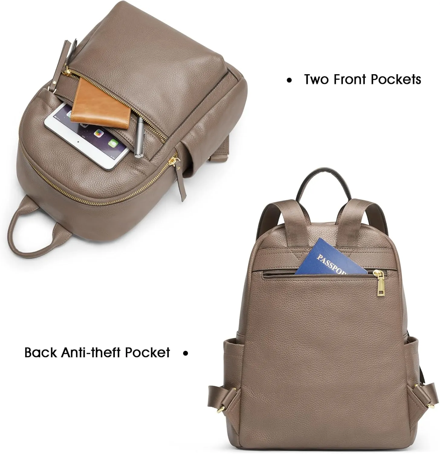 Kattee Genuine Leather Backpack Purse for Women Multi-functional Elegant Daypack Soft Leather Shoulder Bag Shopping Trip, Medium, Khaki