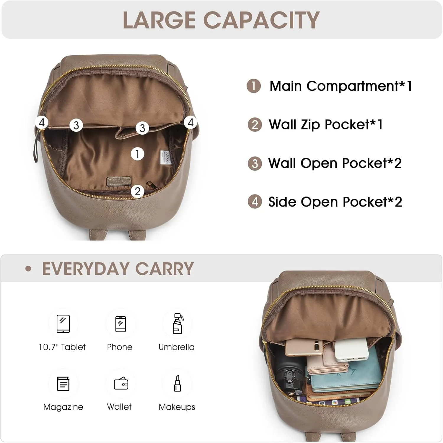 Kattee Genuine Leather Backpack Purse for Women Multi-functional Elegant Daypack Soft Leather Shoulder Bag Shopping Trip, Medium, Khaki