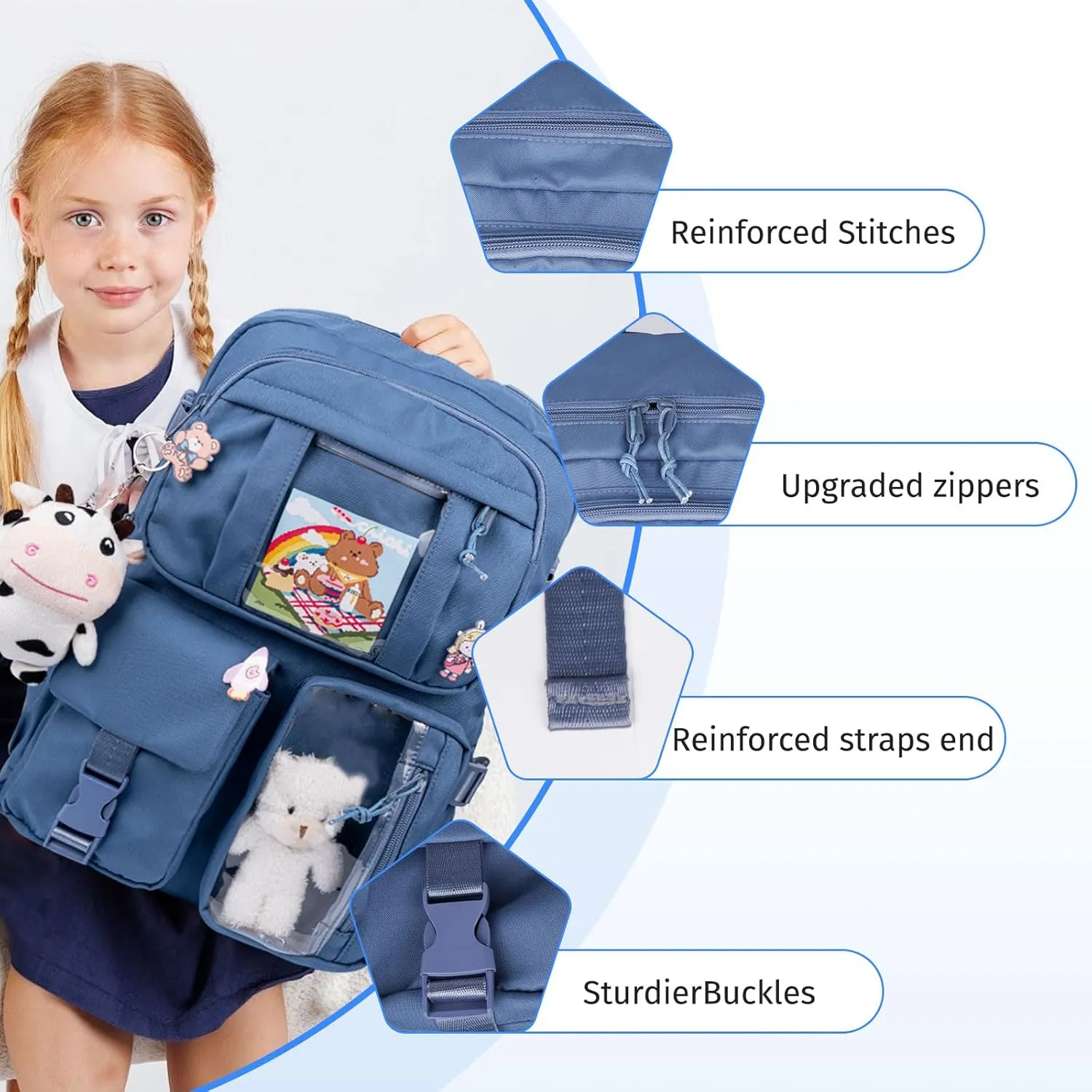 Kawaii Backpack for Girls, Cute Aesthetic Backpack with Pin Accessories Plush Pendant for School Girl Bookbag (Blue-2)