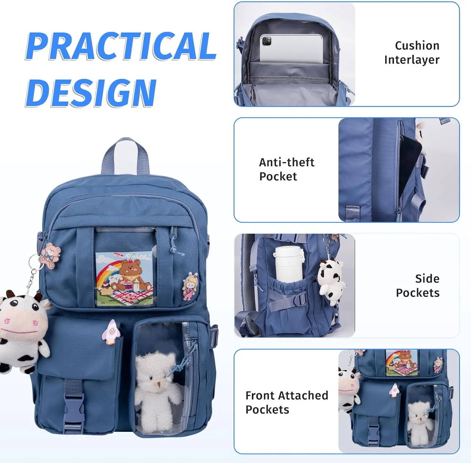 Kawaii Backpack for Girls, Cute Aesthetic Backpack with Pin Accessories Plush Pendant for School Girl Bookbag (Blue-2)
