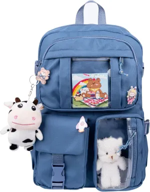 Kawaii Backpack for Girls, Cute Aesthetic Backpack with Pin Accessories Plush Pendant for School Girl Bookbag (Blue-2)