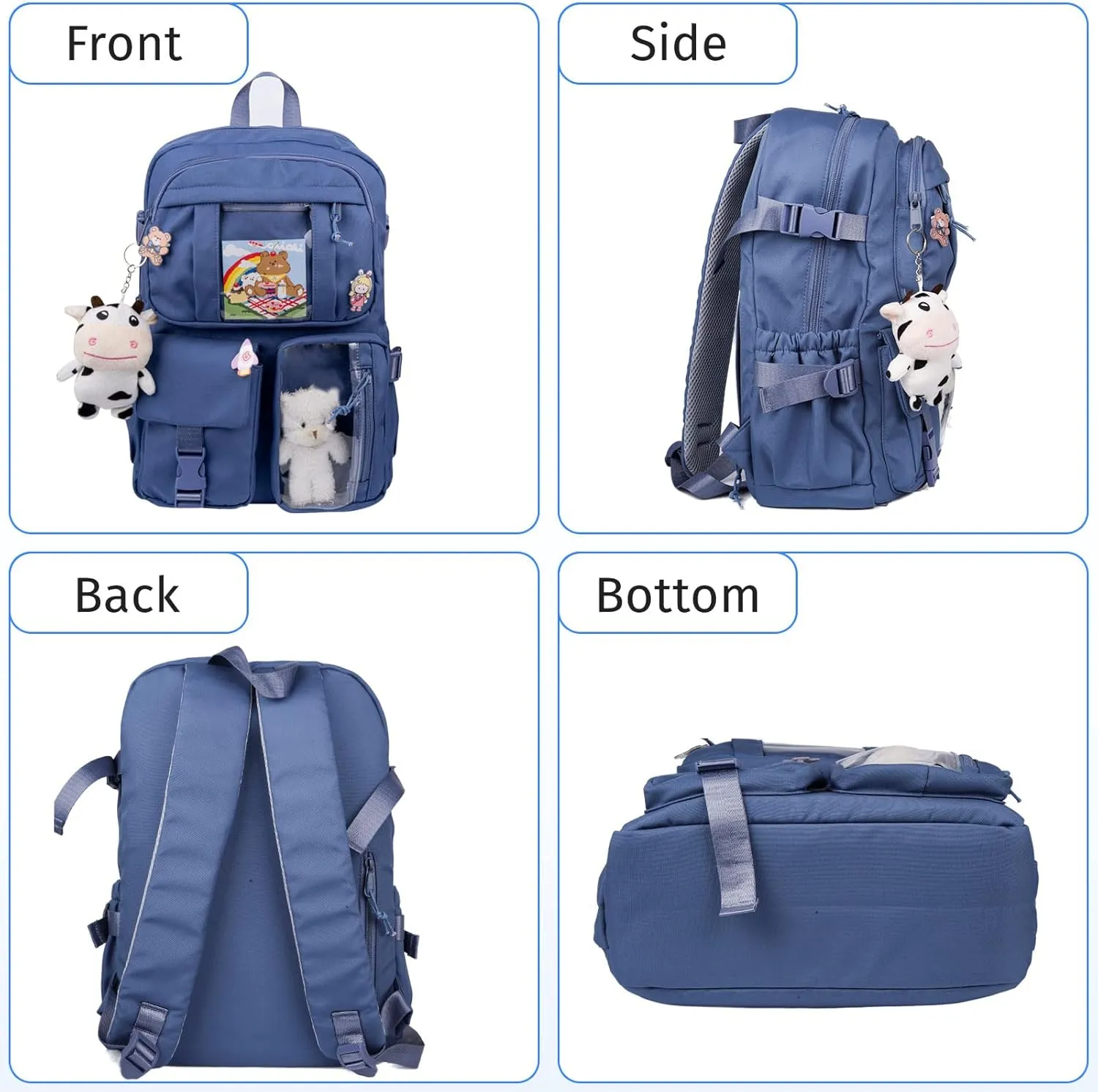 Kawaii Backpack for Girls, Cute Aesthetic Backpack with Pin Accessories Plush Pendant for School Girl Bookbag (Blue-2)