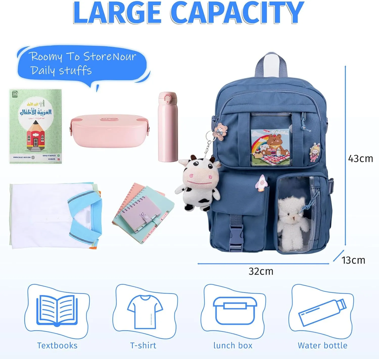 Kawaii Backpack for Girls, Cute Aesthetic Backpack with Pin Accessories Plush Pendant for School Girl Bookbag (Blue-2)