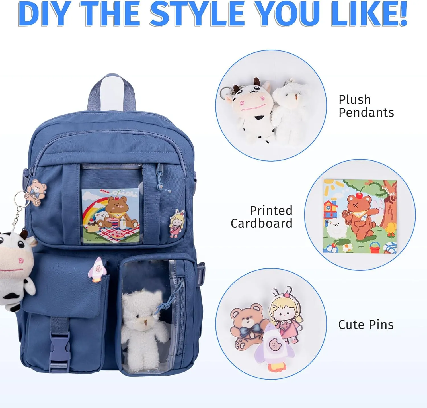 Kawaii Backpack for Girls, Cute Aesthetic Backpack with Pin Accessories Plush Pendant for School Girl Bookbag (Blue-2)