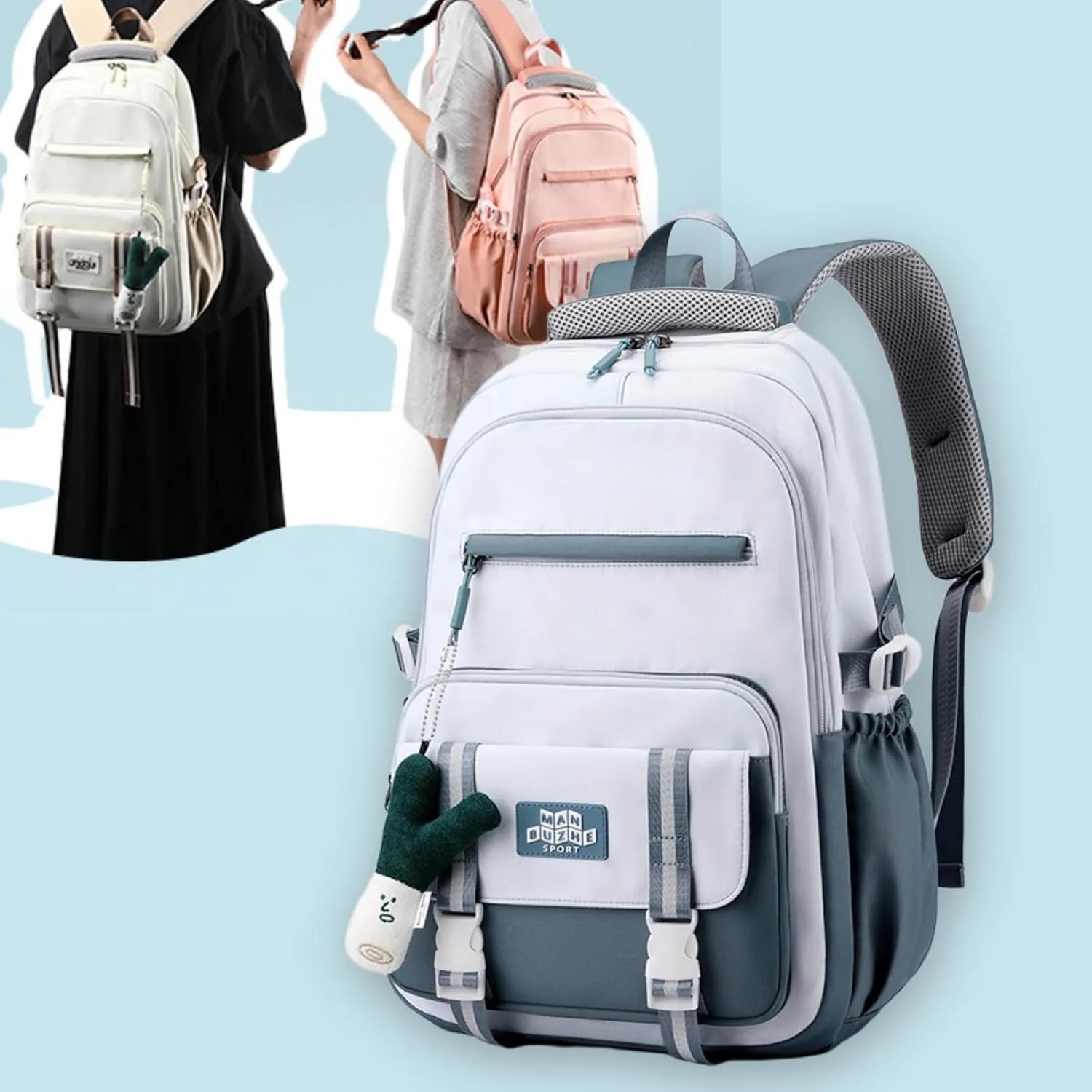 Kawaii Backpack with Cute Accessories Pendant Travel Bag Large Outdoor Waterproof Casual Daypack Women Men (Blue)