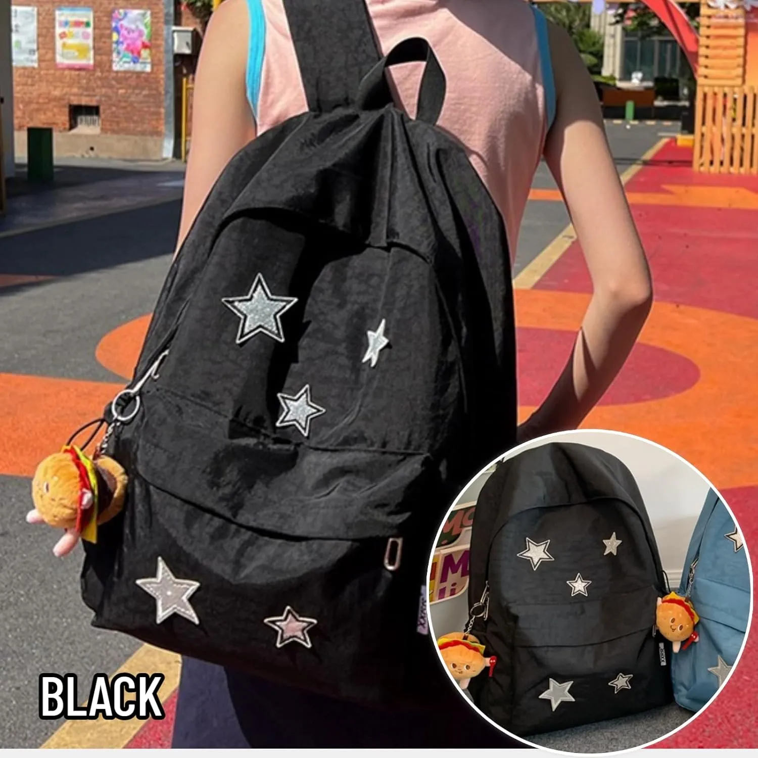 Kawaii Backpack with Cute Accessories Pendant Travel Casual Daypack Lightweight Laptop Bags Outdoor Women (Black)