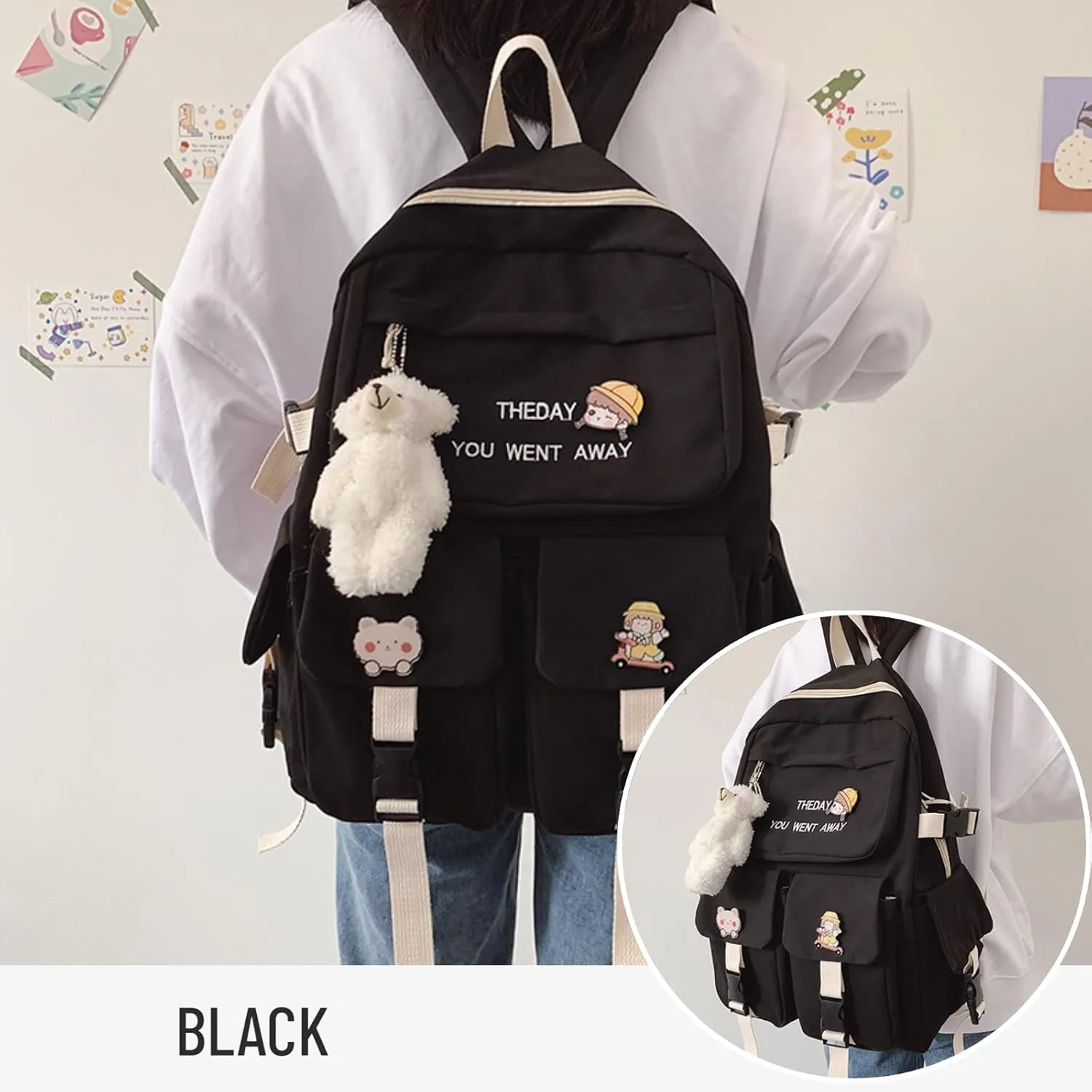 Kawaii Backpack with Cute Accessories Pendant Travel Women Laptop Bags Large Outdoor Waterproof Casual Daypack (Black)