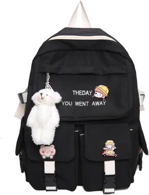 Kawaii Backpack with Cute Accessories Pendant Travel Women Laptop Bags Large Outdoor Waterproof Casual Daypack (Black)
