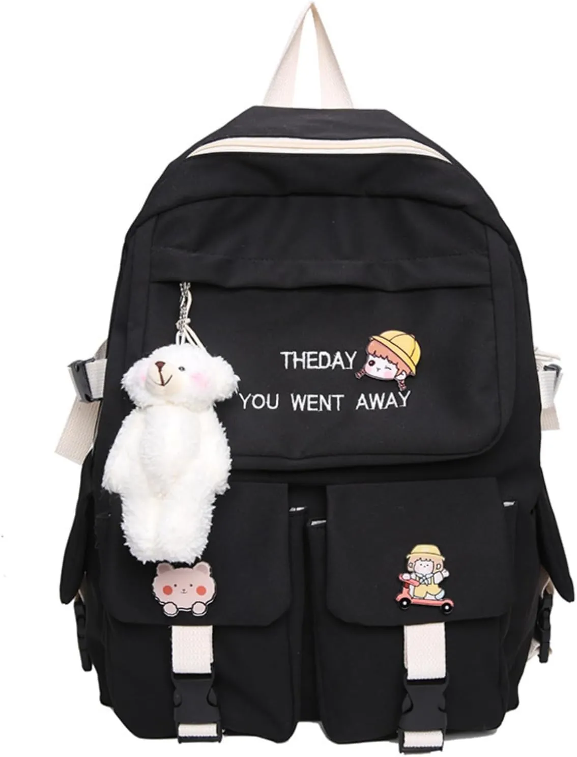 Kawaii Backpack with Cute Accessories Pendant Travel Women Laptop Bags Large Outdoor Waterproof Casual Daypack (Black)