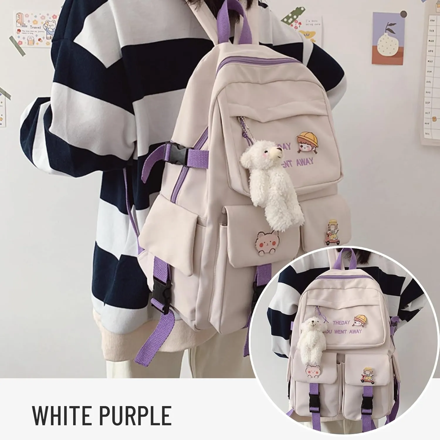 Kawaii Backpack with Cute Accessories Pendant Travel Women Laptop Bags Large Outdoor Waterproof Casual Daypack (White Purple)