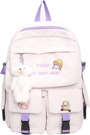 Kawaii Backpack with Cute Accessories Pendant Travel Women Laptop Bags Large Outdoor Waterproof Casual Daypack (White Purple)