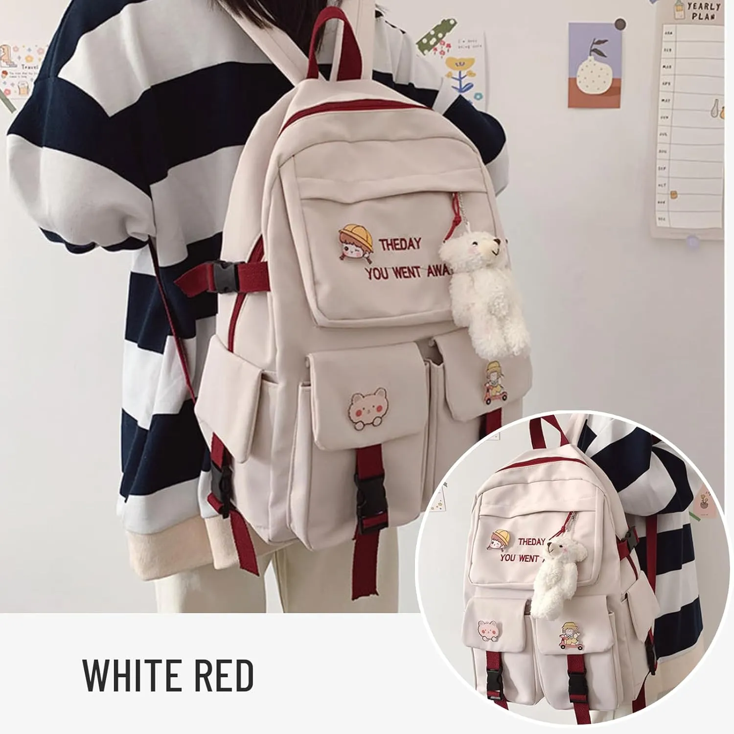 Kawaii Backpack with Cute Accessories Pendant Travel Women Laptop Bags Large Outdoor Waterproof Casual Daypack (White Red)