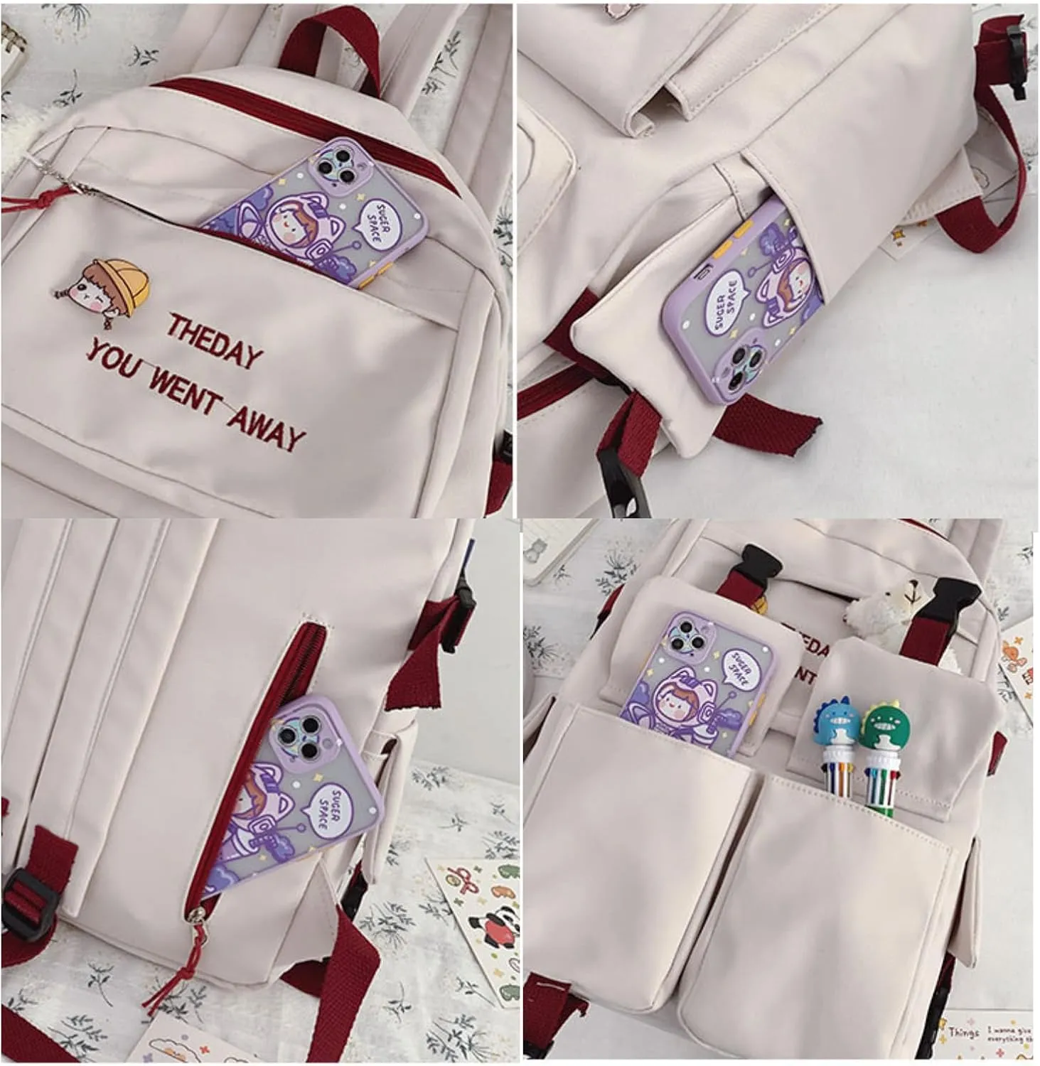 Kawaii Backpack with Cute Accessories Pendant Travel Women Laptop Bags Large Outdoor Waterproof Casual Daypack (White Red)